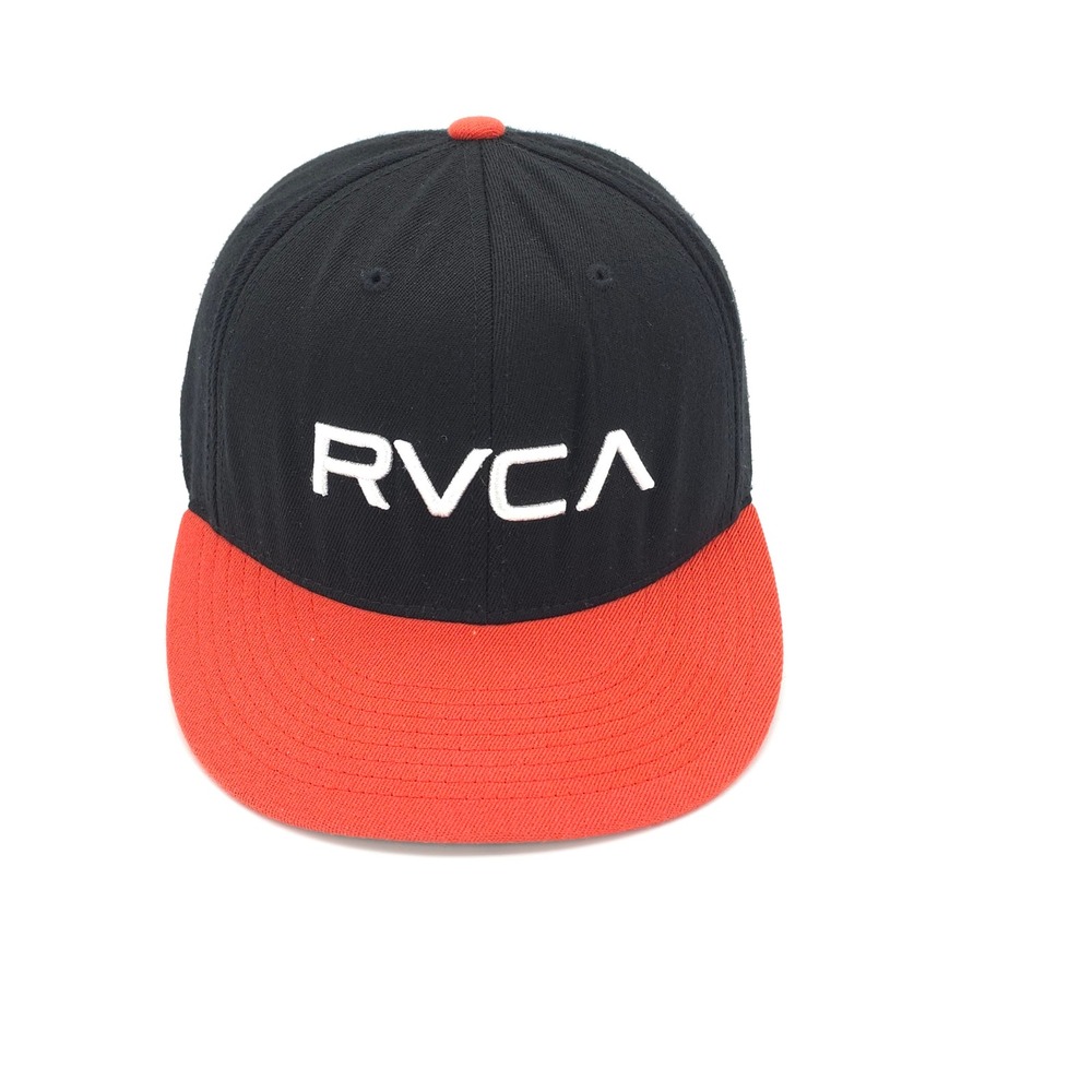 RVCA Hat Cap Mens Fitted L-XL Black Red Flexfit Skate Surf Streetwear Logo